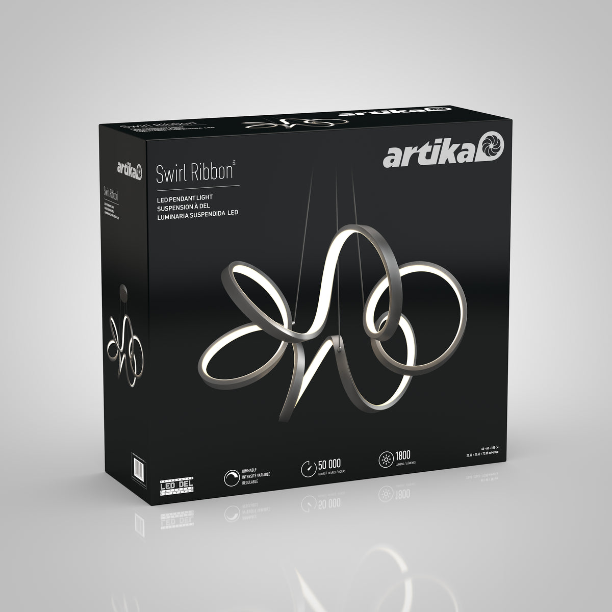 A black Artika box showcases the Swirl Ribbon LED pendant light, featuring its silver ribbon-inspired design and highlights key features and specs in white text on the front.