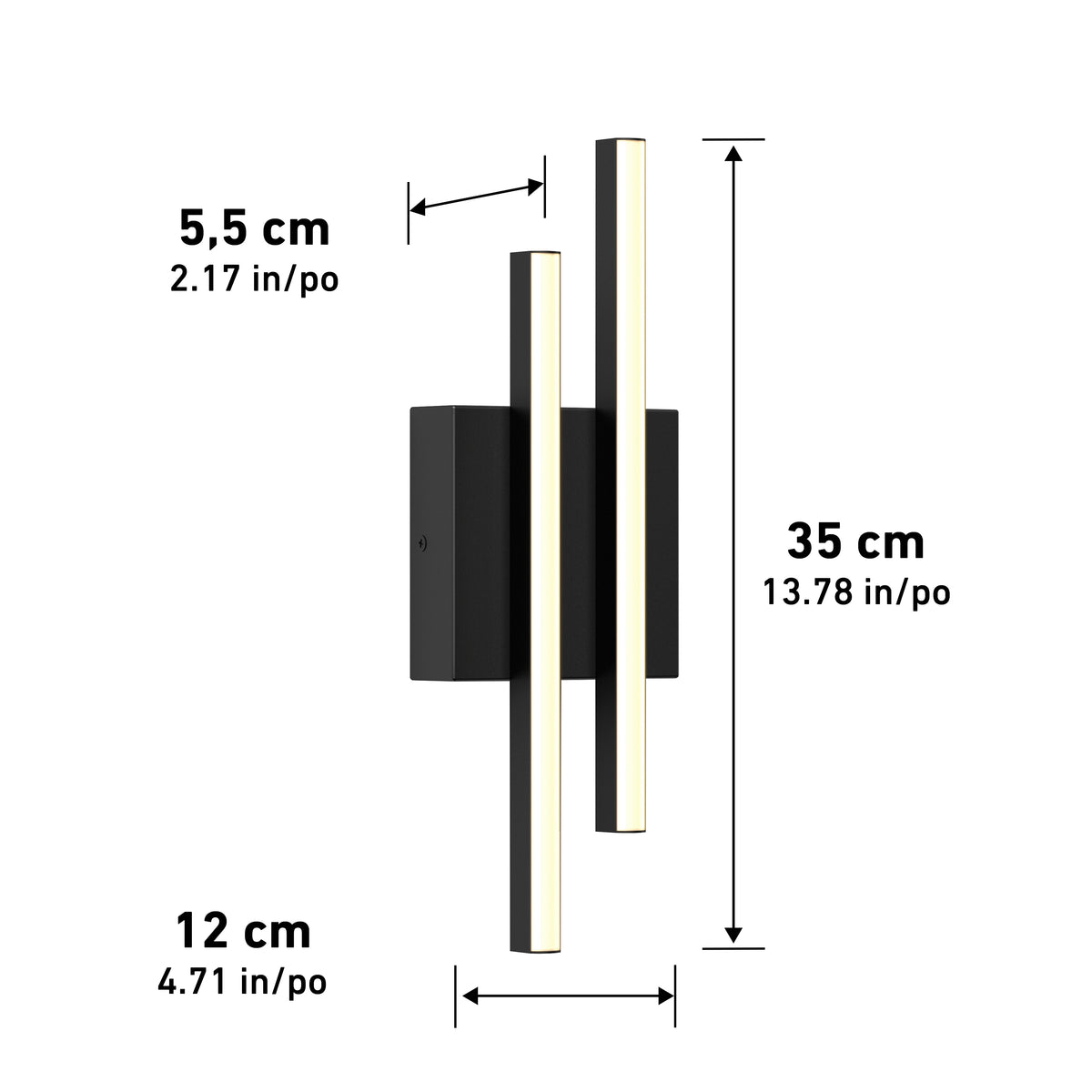 Black wall-mounted light fixture with two vertical bars and labeled dimensions: 35 cm (13.78 in) tall, 12 cm (4.71 in) wide, and 5.5 cm (2.17 in) deep.