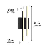 Black wall-mounted light fixture with two vertical bars and labeled dimensions: 35 cm (13.78 in) tall, 12 cm (4.71 in) wide, and 5.5 cm (2.17 in) deep.