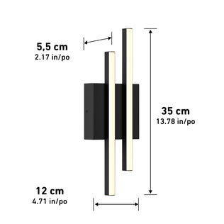 The Artika Grid indoor-outdoor LED wall light features two vertical LED bars on a rectangular base, measuring 35 cm tall, 12 cm wide, and 5.5 cm deep.