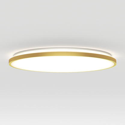 The Artika Europa 21 in. LED modern flush mount light features a round design with a gold-colored rim and white illuminated center, and comes with a remote for easy control—ideal for mounting on any plain white ceiling.