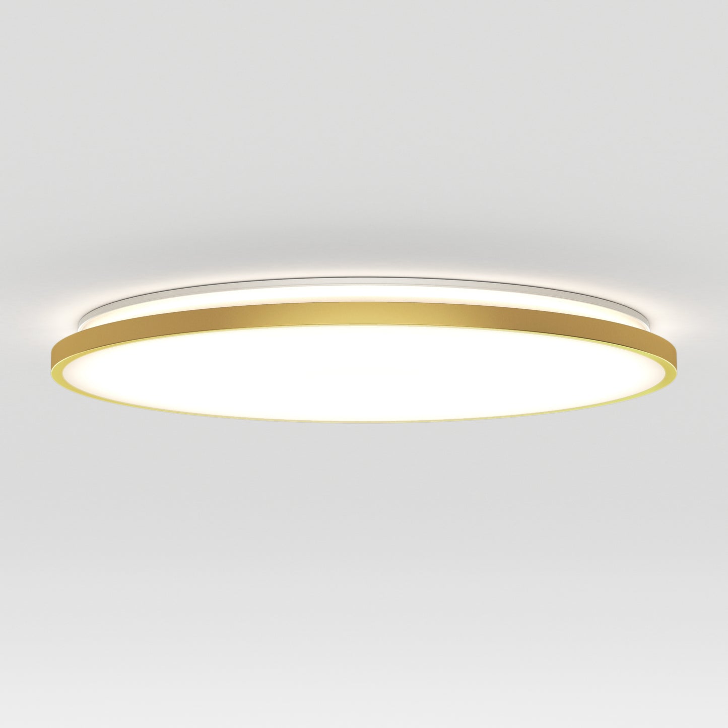 The Artika Europa 21 in. LED modern flush mount light features a gold-colored rim and is mounted on a white ceiling, casting a soft, even glow. Includes remote control for added convenience.