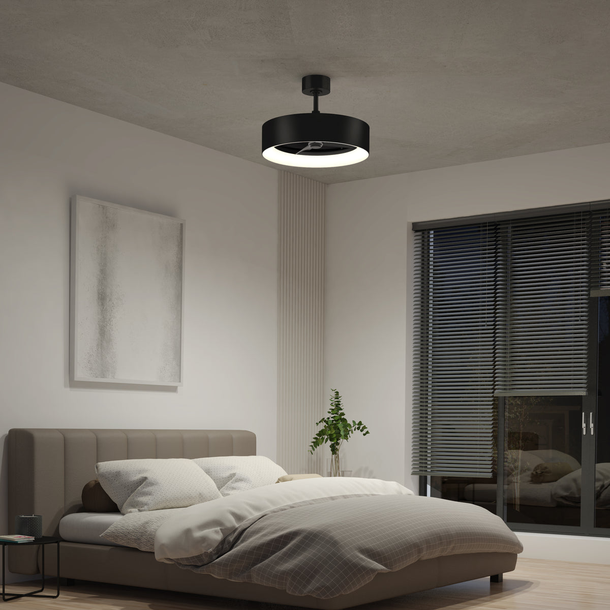 A modern bedroom with a gray bed, white bedding, a small plant, abstract wall art, and a large window with blinds. A contemporary black ceiling fan with a light is mounted on the ceiling.