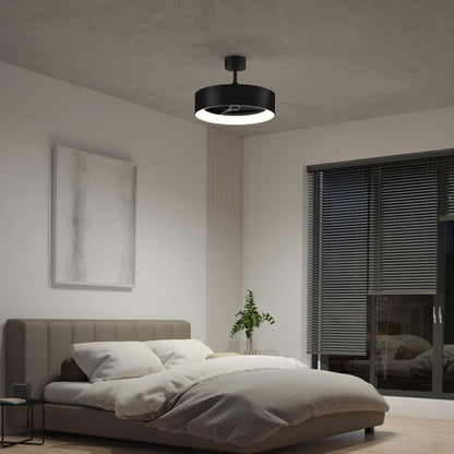 A modern bedroom featuring a low gray bed, white bedding, a potted plant, abstract wall art, large windows with blinds, and the Artika Aiden 24 in. LED modern ceiling fan with 3 speeds and remote.