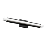 A modern, rectangular black wall-mounted LED light fixture with a long, white illuminated bar extending horizontally.