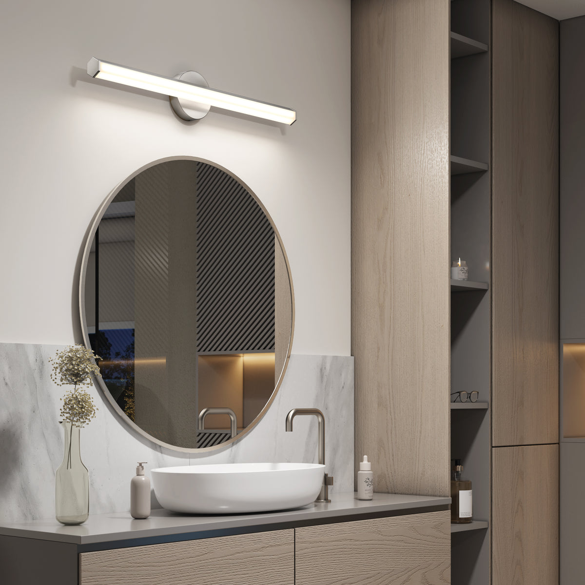 Modern bathroom with a round mirror, vessel sink, and Artika Ewen modern LED vanity light 5 CCT for perfect mirror lighting.