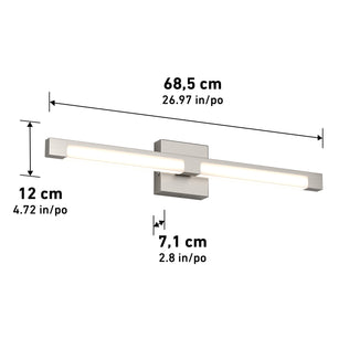 The Artika Tivoli modern LED bathroom vanity light 5 CCT is a wall-mounted sconce with a horizontal bar design, adjustable LED dimmer, and measures 68.5 cm × 12 cm × 7.1 cm against a white background.