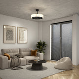 Modern living room with beige sofa, cushions, throw blanket, round coffee table, bean bag chair, plant, framed wall art, and large window with dark blinds; neutral tones and cozy decor.