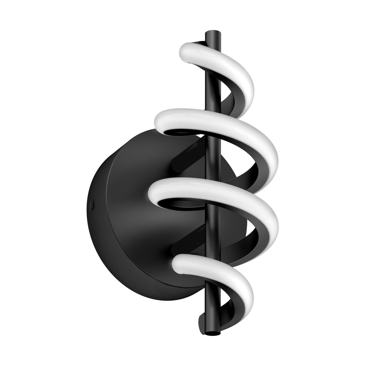A modern wall light fixture with a black circular base and a vertical rod, around which a white, spiral LED light wraps in a helix shape.
