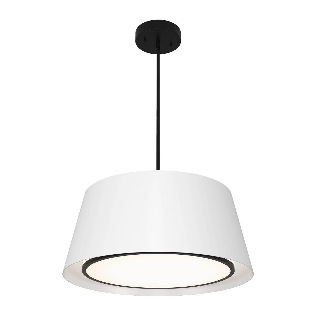 A modern pendant light fixture with a wide, white, slightly tapered lampshade, suspended from the ceiling by a thin black rod and round black ceiling mount. The light glows softly from the underside of the shade.