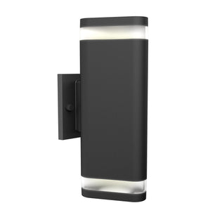 The Artika Trygon indoor-outdoor wall light features a modern rectangular black design with frosted top and bottom panels for diffused light and a side mounting plate.