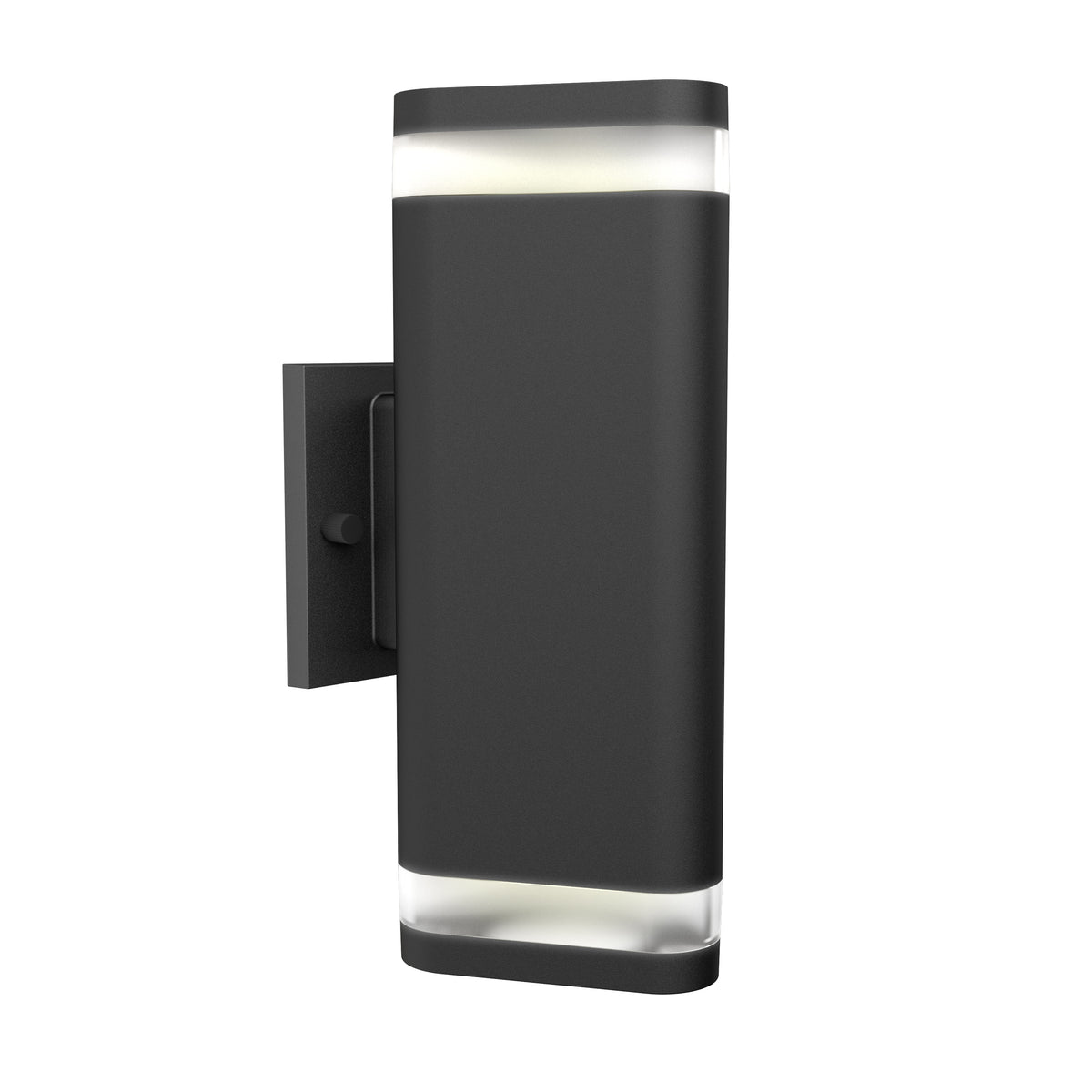 A modern black outdoor wall light fixture with a rectangular shape, mounted on a bracket, featuring frosted sections at the top and bottom for diffused illumination.