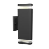 A modern black outdoor wall light fixture with a rectangular shape, mounted on a bracket, featuring frosted sections at the top and bottom for diffused illumination.