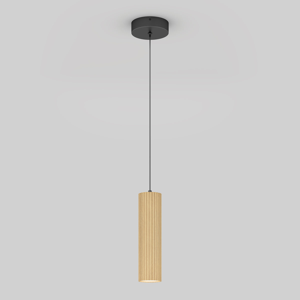 The Artika Groove LED modern pendant light 3 CCT features a black ceiling mount, cylindrical ribbed wooden shade with textured finish, and hangs from a thin black cord—ideal for kitchen islands against a light gray background.