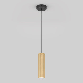 The Artika Groove LED modern pendant light 3 CCT features a black ceiling mount, cylindrical ribbed wooden shade with textured finish, and hangs from a thin black cord—ideal for kitchen islands against a light gray background.