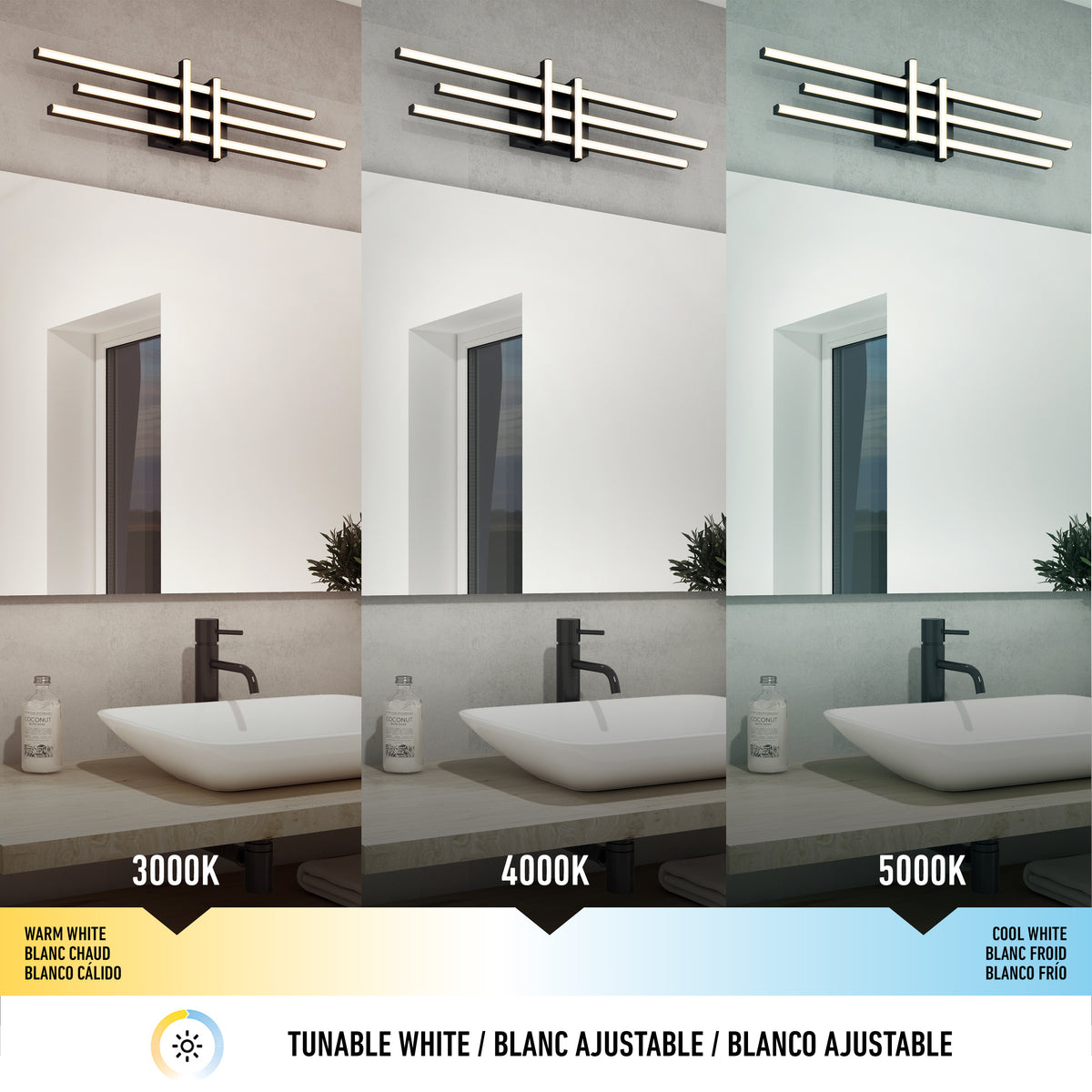 Three side-by-side bathroom images show lighting at 3000K (warm white), 4000K (neutral white), and 5000K (cool white) above a mirror, with a sink and soap dispenser below. Tunable white is labeled at the bottom.