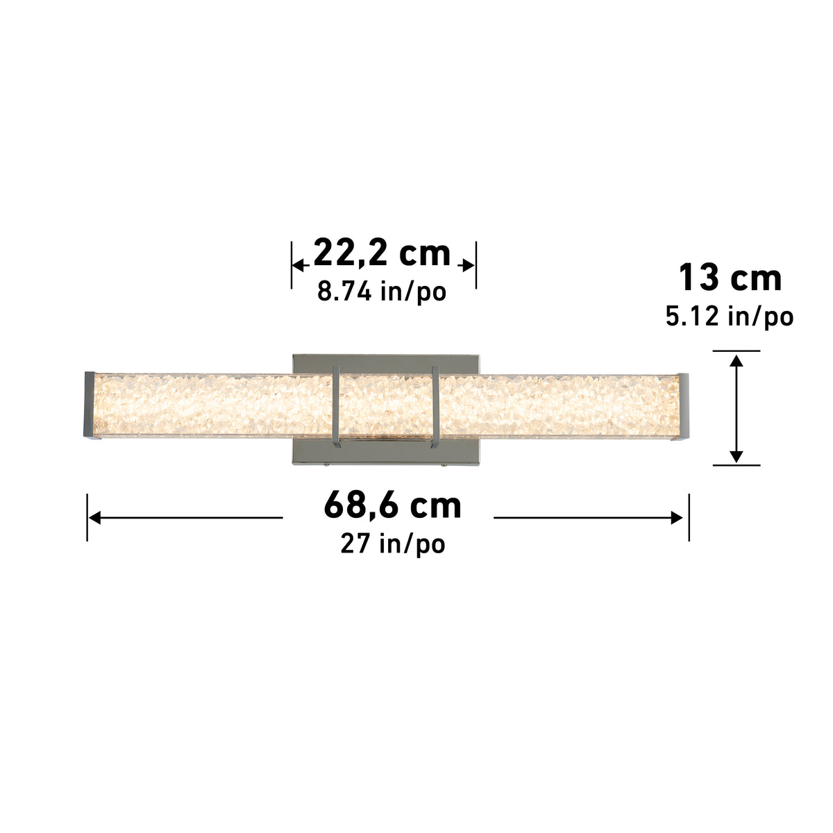 Rectangular wall light fixture with textured panel, shown with measurements: 68.6 cm (27 in) wide, 22.2 cm (8.74 in) from end to mounting, and 13 cm (5.12 in) tall.