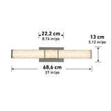 Rectangular wall light fixture with textured panel, shown with measurements: 68.6 cm (27 in) wide, 22.2 cm (8.74 in) from end to mounting, and 13 cm (5.12 in) tall.