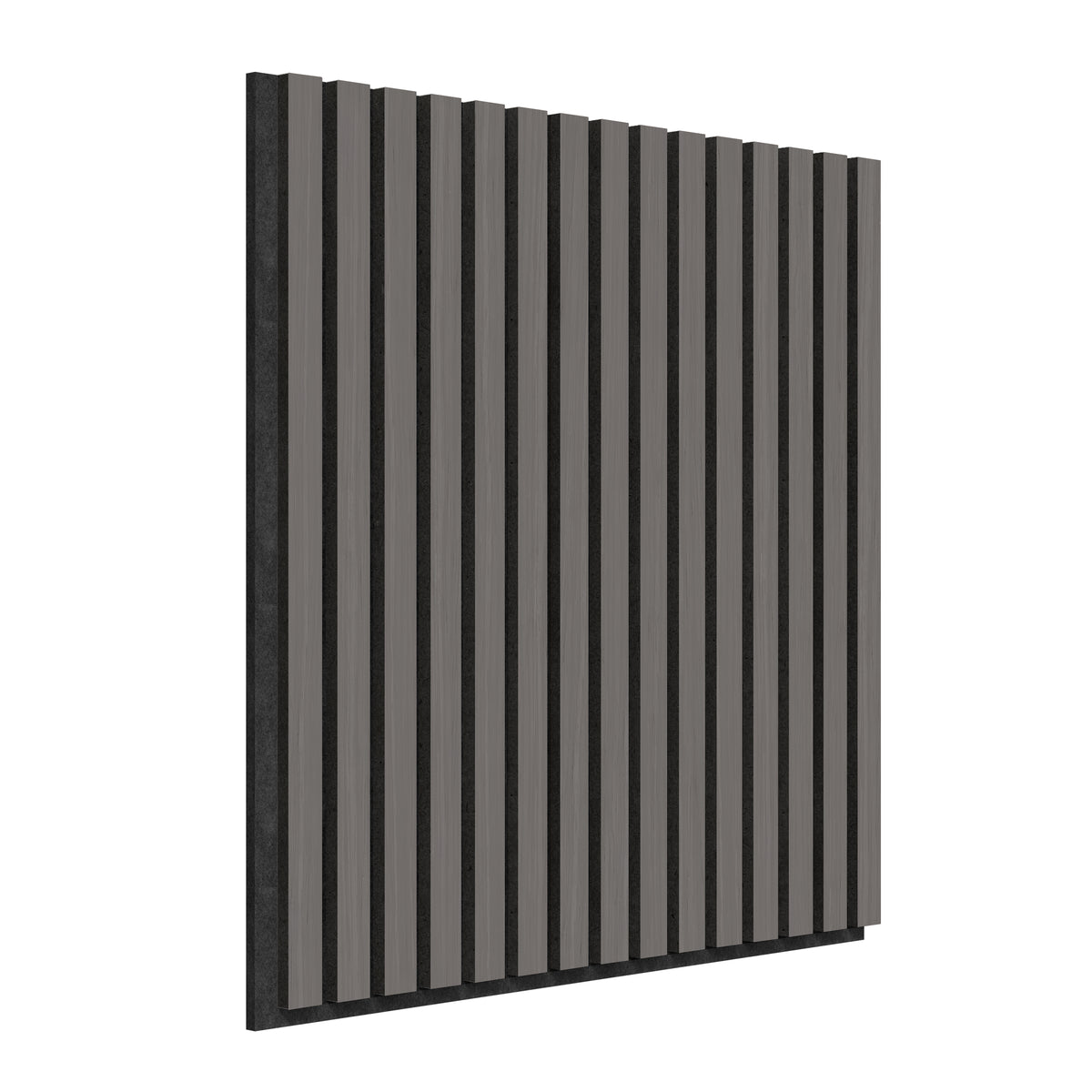 A rectangular acoustic wall panel featuring evenly spaced vertical wooden slats in gray, mounted on a black backing, shown from a side angle.