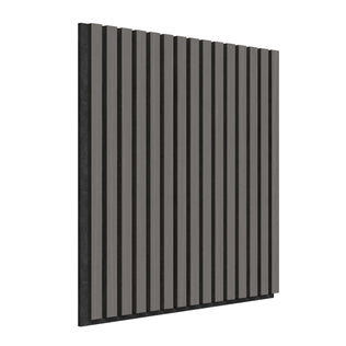 The Artika Sonolok 15.5 ft sound-absorbing wall panel kit (4-pack) features square panels with evenly spaced vertical gray slats on a black background, highlighting their depth and texture when viewed from an angle.