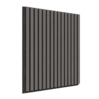 The Artika Sonolok 15.5 ft sound-absorbing wall panel kit (4-pack) features square panels with evenly spaced vertical gray slats on a black background, highlighting their depth and texture when viewed from an angle.