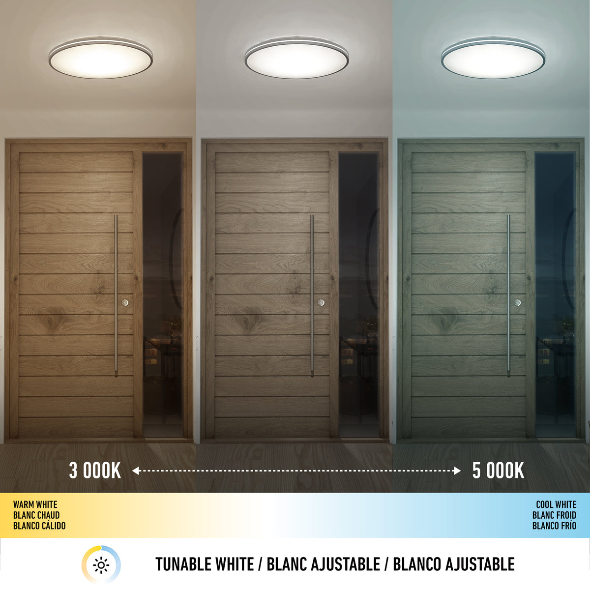 Three side-by-side images of a wooden door under different ceiling light tones: warm white (left, 3000K), neutral (center), and cool white (right, 5000K), with a color temperature scale and icons below.