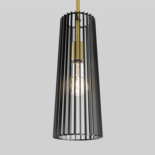The Artika Gatsby Mini modern mid-century pendant light features a cylindrical black metal cage around an exposed bulb, suspended from a gold rod against a plain gray background.