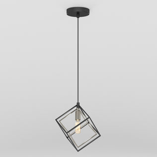 The Artika Imperium Single pendant light features a geometric open metal cube frame with an exposed bulb, black cord, and ceiling mount, showcased against a plain white background.