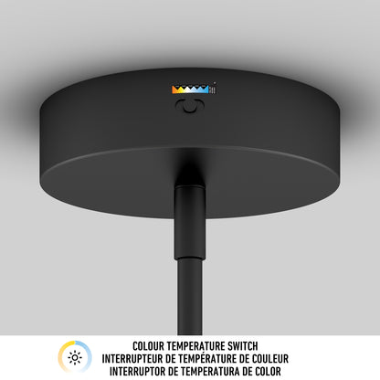 Close-up of the Artika Dunham LED Pendant 5 CCT, a black ceiling-mounted light with a color temperature switch offering five settings, and Colour Temperature Switch displayed in English and French.
