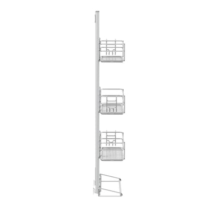 Side view of the Artika Camden Shower Caddy, a metal wall-mounted organizer with three rectangular wire baskets arranged vertically, ideal for bathroom or kitchen storage.