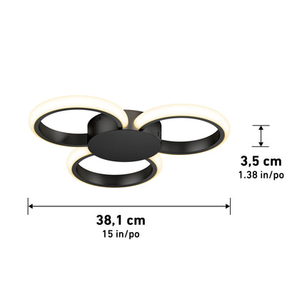 The Artika Nyala 15 in. LED flush mount light 5CCT features a modern black design with three illuminated circular rings, measuring 38.1 cm (15 in) wide and 3.5 cm (1.38 in) high.