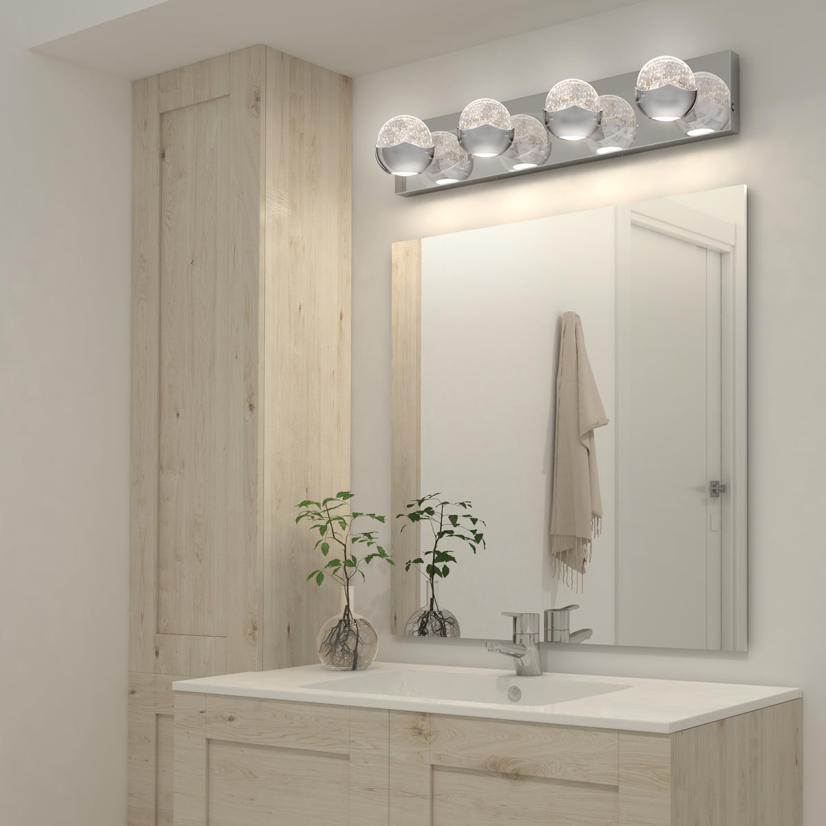 Modern bathroom with wooden cabinets, double sink, and an Artika Oracle modern LED vanity light above the large mirror.