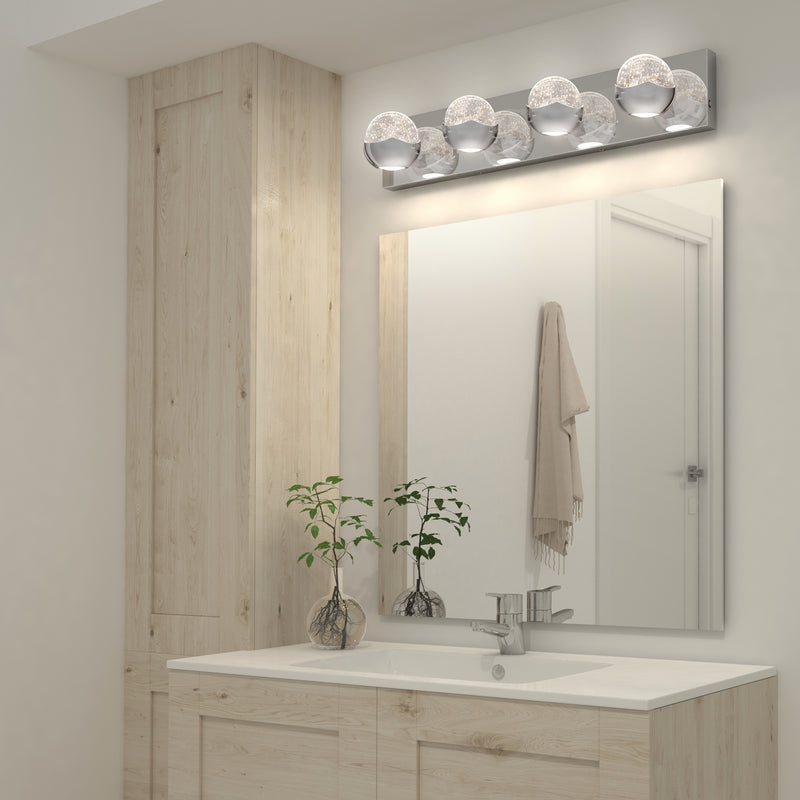 Modern bathroom with wooden cabinets, double sink, and an Artika Oracle modern LED vanity light above the large mirror.