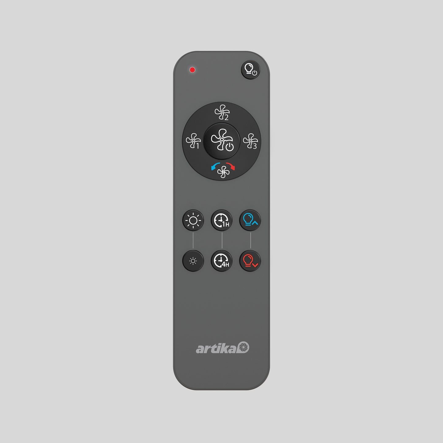 The Artika Replacement Remote Control for Sunnyvale Ceiling Fans is gray, featuring buttons for speed, timer, light, airflow modes, a red indicator light at the top, and central fan symbols—perfect as a replacement remote.