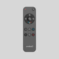 The Artika Replacement Remote Control for Sunnyvale Ceiling Fans is gray, featuring buttons for speed, timer, light, airflow modes, a red indicator light at the top, and central fan symbols—perfect as a replacement remote.