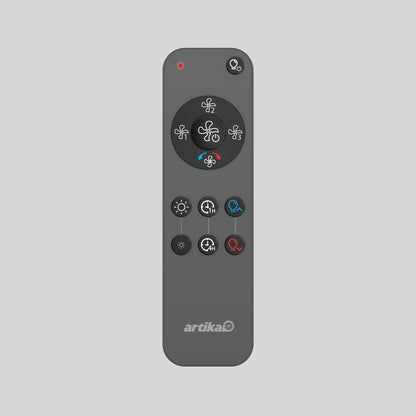The Artika Replacement Remote Control for Sunnyvale Ceiling Fans is gray, featuring buttons for speed, timer, light, airflow modes, a red indicator light at the top, and central fan symbols—perfect as a replacement remote.