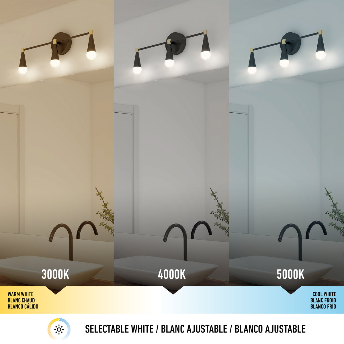 Three panels show the Artika Wayden LED mid-century vanity light, selectable 3000K/4000K/5000K CCT, above a bathroom sink.