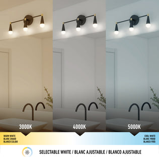 Three panels show the Artika Wayden LED mid-century vanity light, selectable 3000K/4000K/5000K CCT, above a bathroom sink.