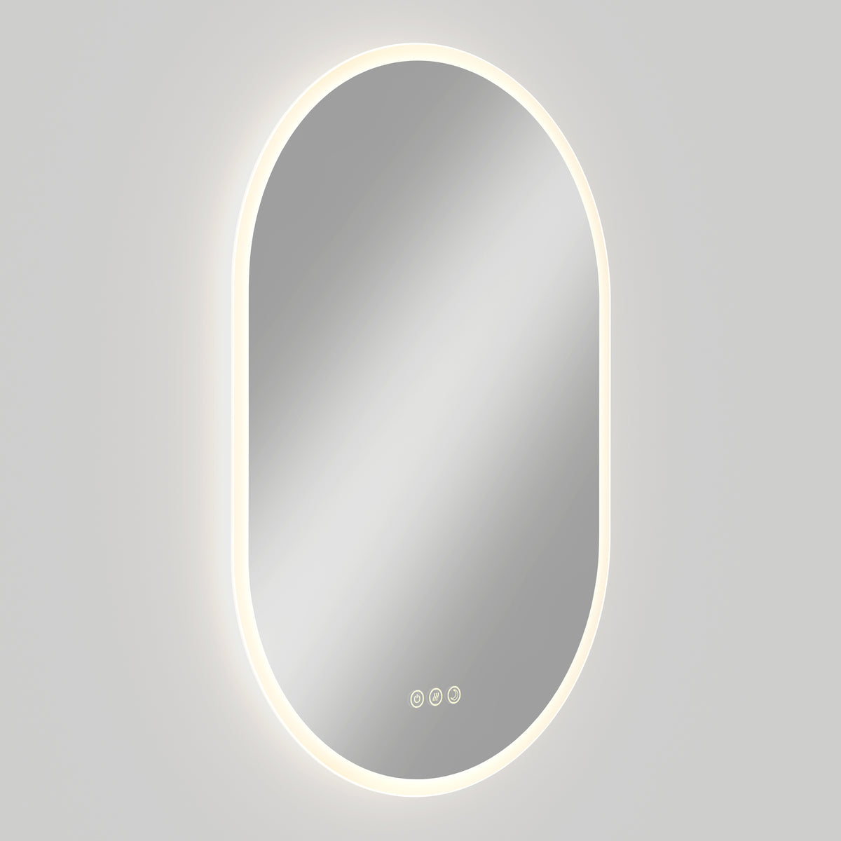 Artika Clara LED Mirror Oval 30x20 in. with defogger, 3 touch buttons, and LED border; displayed on a light gray background.