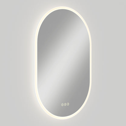 Artika Clara LED Mirror Oval 30x20 in. with defogger, 3 touch buttons, and LED border; displayed on a light gray background.