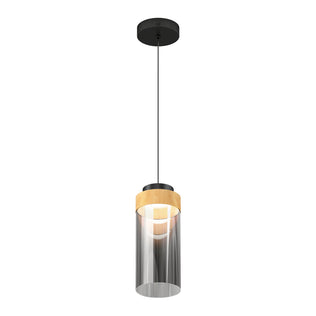 The Artika Hanson 1-light LED pendant features a black ceiling mount, slim black cord, and cylindrical glass shade with a wooden accent ring near the top.