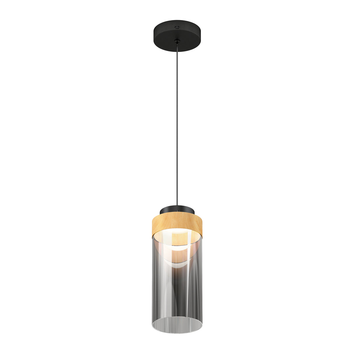 A modern pendant light with a black ceiling mount, a black cord, a wooden accent near the top, and a cylindrical clear glass shade surrounding the bulb.