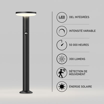 Artika Urbia Solar LED Bollard: tall black lamp with motion sensor, dimmable, 50,000 hours, 300 lumens, solar-powered.