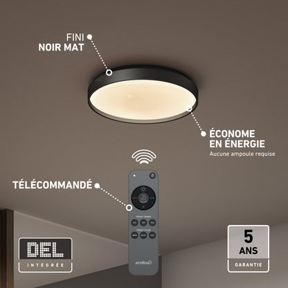 Artika Celestia 15 in. Modern LED Flush Mount Ceiling Light in black with a remote for adjusting dimming, color temperature, and night light modes.