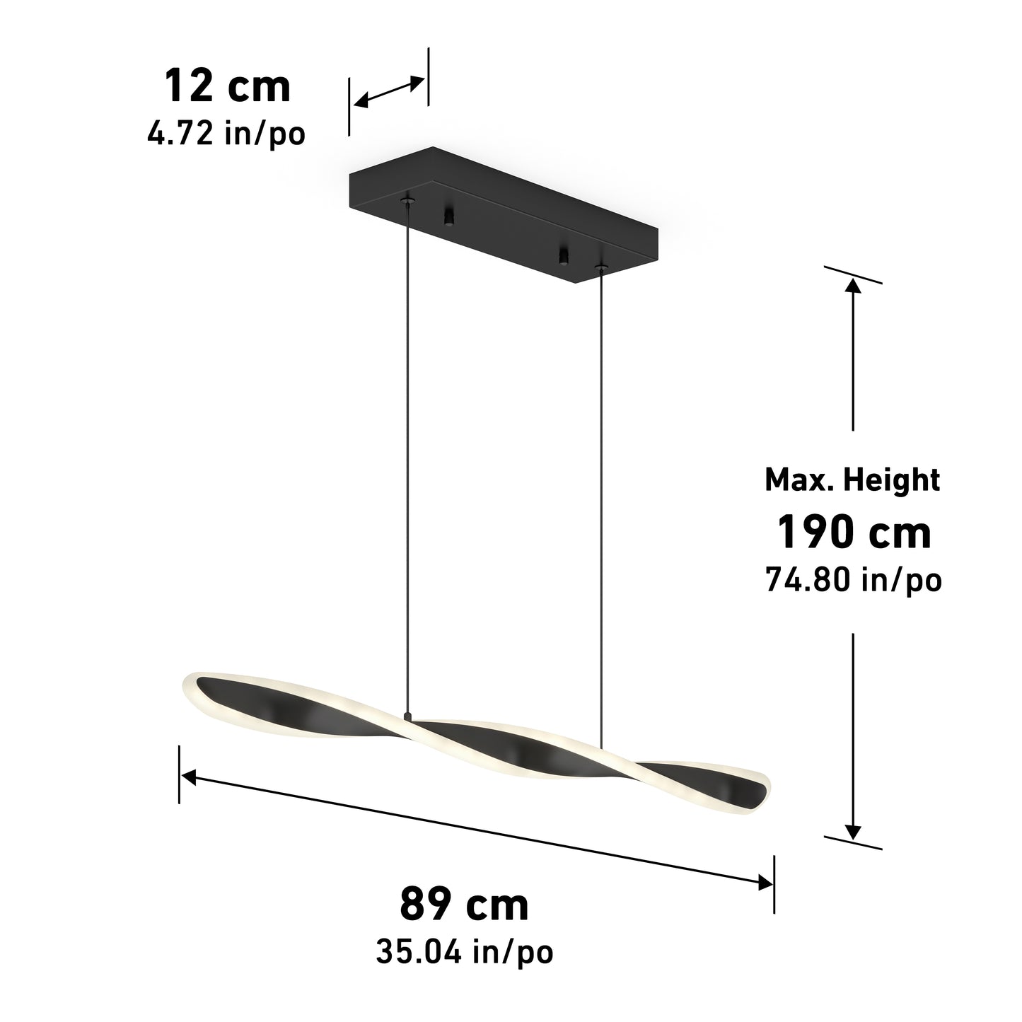 The Artika Finley Linear LED pendant light 3 CCT features a modern twisted LED design with a rectangular ceiling mount, measuring 12 cm wide, 89 cm long, and up to 190 cm hanging height (dimensions in cm and inches).
