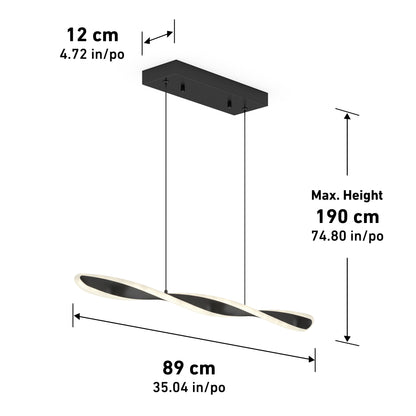 The Artika Finley Linear LED pendant light 3 CCT features a modern twisted LED design with a rectangular ceiling mount, measuring 12 cm wide, 89 cm long, and up to 190 cm hanging height (dimensions in cm and inches).