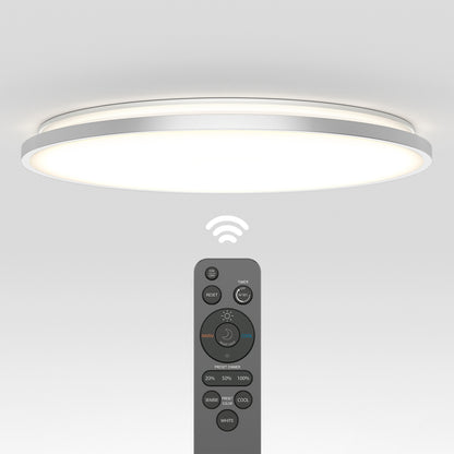 The Artika Europa 21 in. LED modern flush mount light features a glowing rim and comes with a black remote for wireless control, highlighted by a signal icon between the light and the remote.