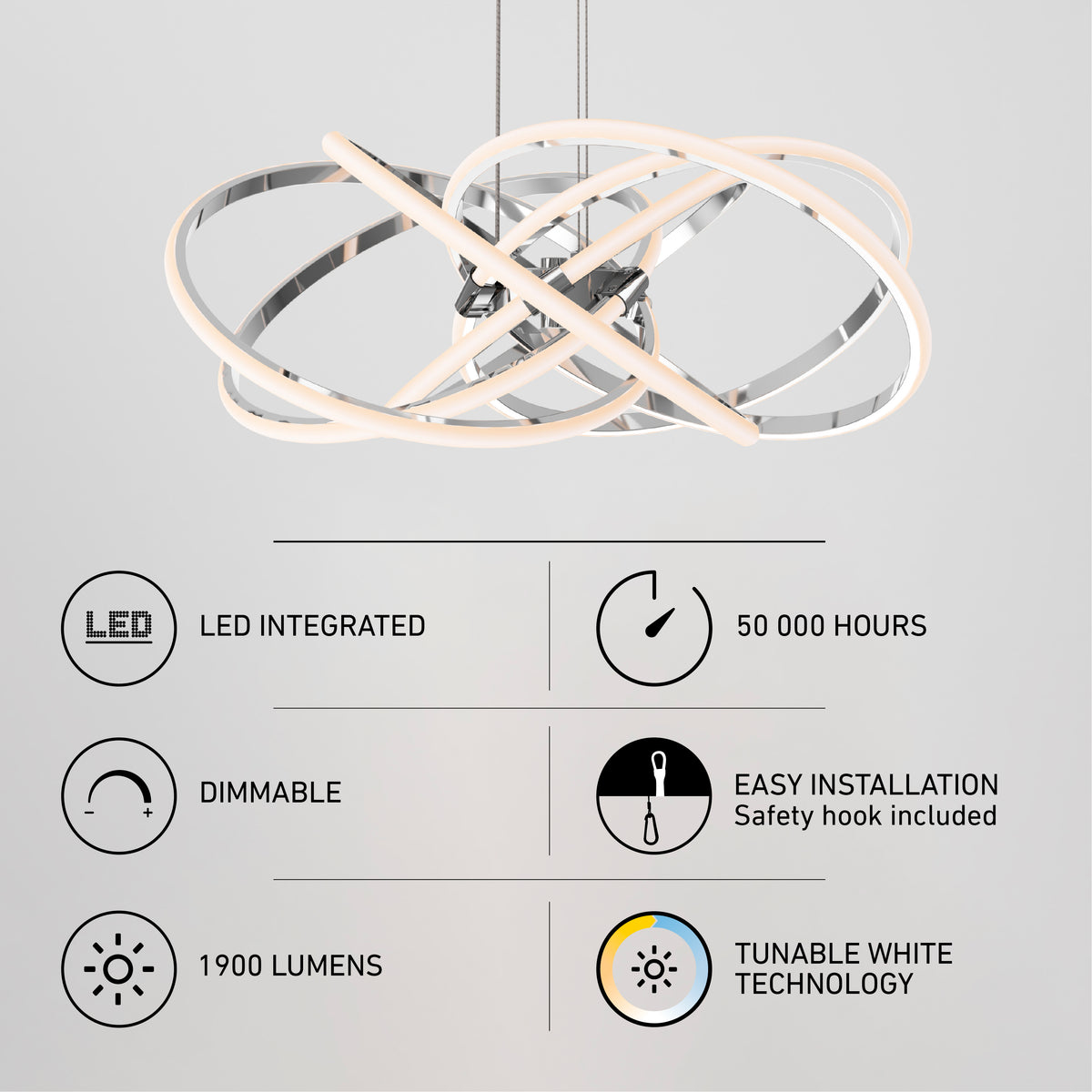 Modern LED ceiling light fixture with interlocking rings above icons and text highlighting features: LED integrated, 50,000 hours, dimmable, easy installation, 1900 lumens, and tunable white technology.