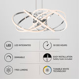 Modern LED ceiling light fixture with interlocking rings above icons and text highlighting features: LED integrated, 50,000 hours, dimmable, easy installation, 1900 lumens, and tunable white technology.