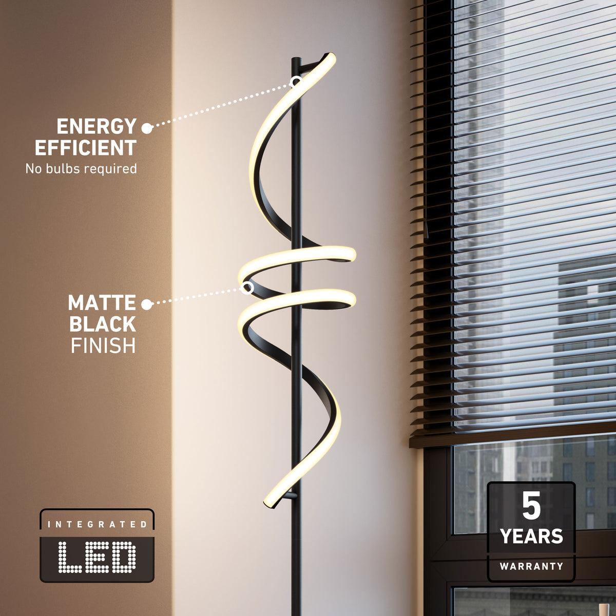 Artika Coda modern LED floor lamp 5CCT: spiral matte black, dimmable, 5 color temps, and a 5-year warranty.